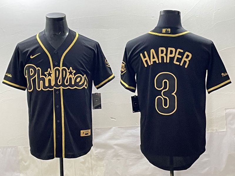 Men 2025 Philadelphia Phillies 3 Harper Black Gold Throwback Nike MLB Jersey style 001